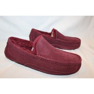 NIB UGG Men's ASCOT Suede Shearling Lined Slip On Moccasin Slippers WINE SZ 9